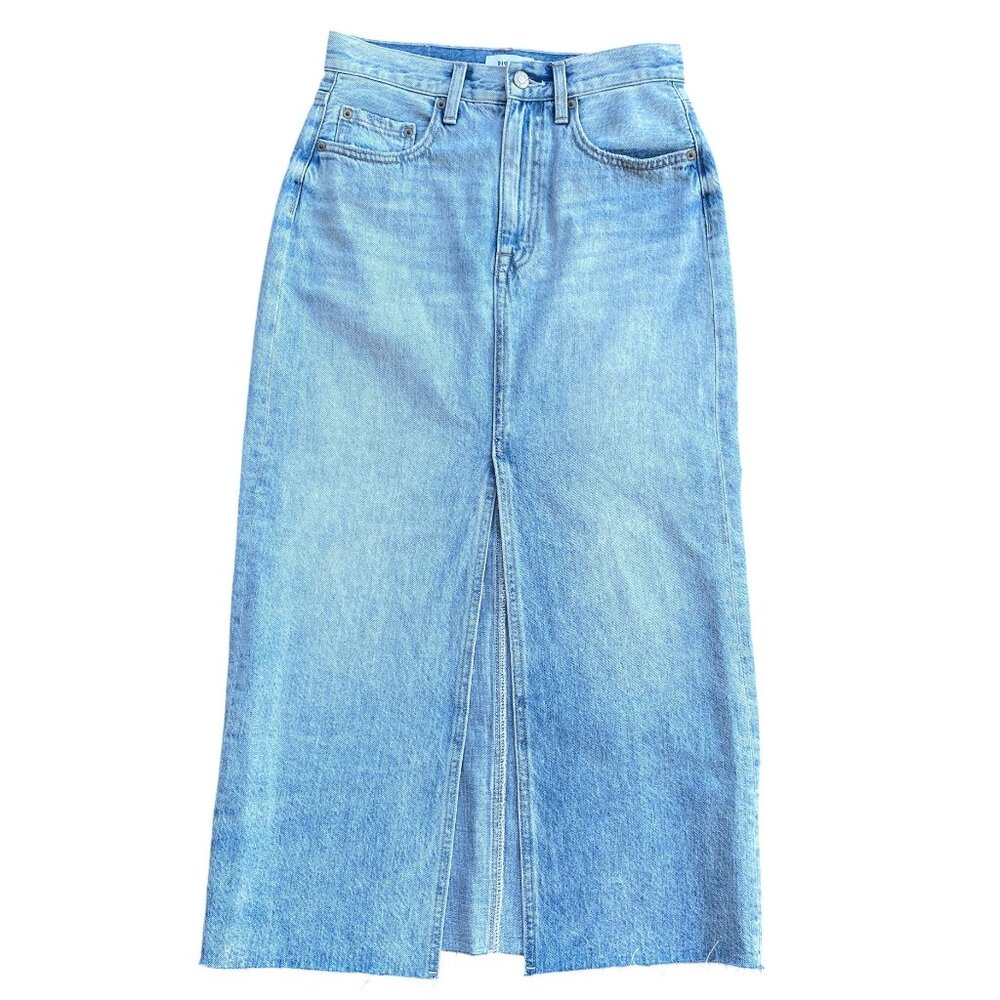 Pistola Denim Alice High Rise Front Slit Raw Hem Midi Skirt Brooklyn Wash-26